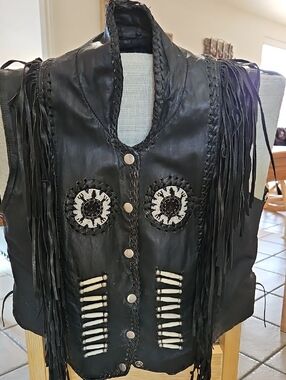 Hot Leathers Woman's XL Black Leather Fringe Beaded Motorcycle/Biker Vest